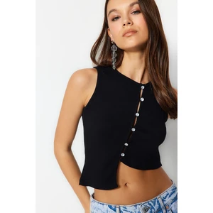 Trendyol Black Stone Detailed Asymmetrical Fitted Corded Crop Knitted Blouse