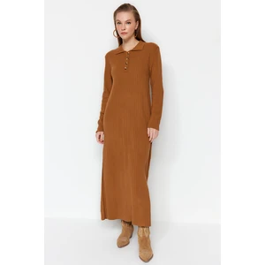 Trendyol Camel Polo Neck Comfort Fit Rib Kpletené šaty