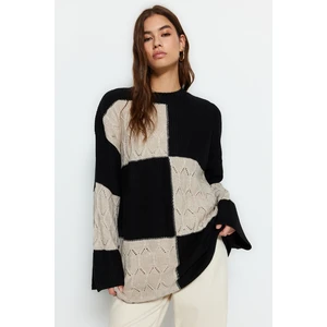 Trendyol Black Openwork/Perforated Color Block Knit Knitwear Sweater