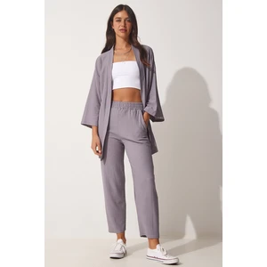 Happiness İstanbul Women's Stone Gray Kimono and Pants, Knitted Set