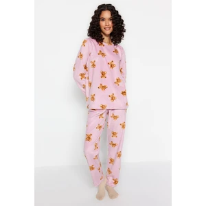 Trendyol Pink Fleece Teddy Bear Patterned Tshirt-Pants Knitted Pajamas Set