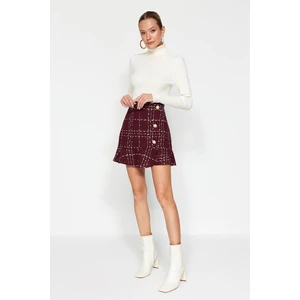 Trendyol Claret Red with Buttons and Tweed Fabric Hem with Ruffles, Mini Woven Skirt