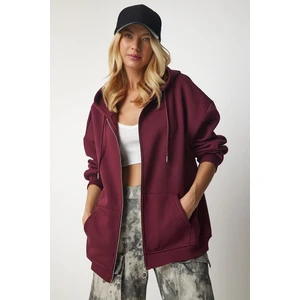 Happiness İstanbul Women's Burgundy Hooded Zipper Oversized Sweatshirt