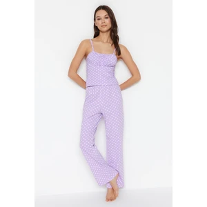 Trendyol Lilac Polka Dot Cotton Rope Strap Knitted Pajama Set