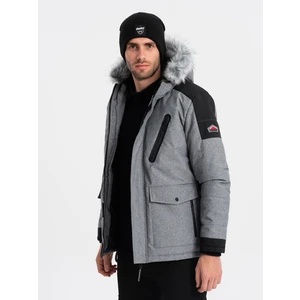 Ombre Men's winter jacket with adjustable hood with detachable fur - grey and black