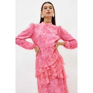 Trendyol Pink Floral Skirt Ruffled Lined Woven Chiffon Dress