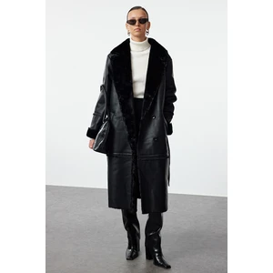 Trendyol Black Oversize Wide Cut Belted Fur Collar Detail Long Faux Leather Coat