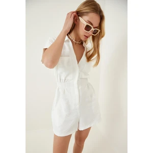 Happiness İstanbul Women's White Linen Viscose Overalls With Shorts TO0009