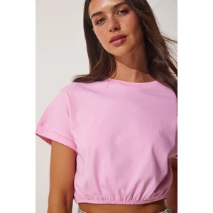 Happiness İstanbul Women's Pink Waist Elastic Crop T-Shirt