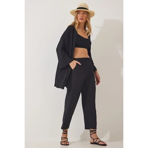 Happiness İstanbul Women's Black Kimono Pants Knitted Set