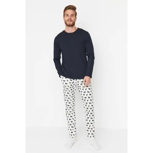 Trendyol Navy Blue Men's 100% Cotton Regular Fit Printed Knitted Pajamas Set.