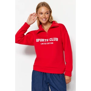 Trendyol Red Oversize/Wide Fit With Slogan, Zipper Stand-Up Collar Thick Fleece Inner Sweatshirt