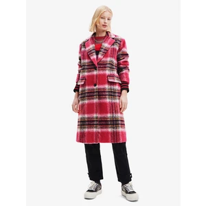 Women's pink plaid coat with wool Desigual Tommy - Women