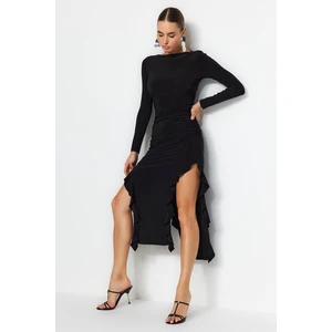 Trendyol Boat Rock Maxi Stretchy Knit Dress with Black Flared Skirt