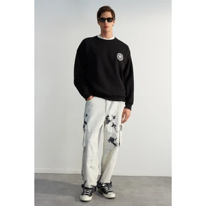 Trendyol Men's Black Oversized Floral Embroidery Soft Pile Cotton Sweatshirt.