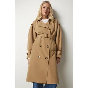 Happiness İstanbul Women's Camel Double-breasted Collar Belted Trench Coat