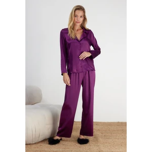 Trendyol Purple Satin Shirt-Pants Weave Pajamas Set