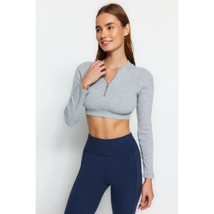 Trendyol Gray Melange Corduroy and Zipper Detailed Yoga Sports Top