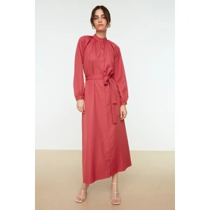 Trendyol Dark Pink Belted Judge Collar Woven Shirt Dress