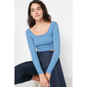 Trendyol Indigo Crop Seamless Square Collar Sports Blouse