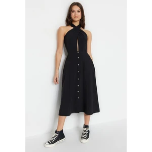 Trendyol Black Collar Detailed Midi Dress with Woven Buttons