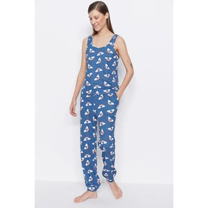 Trendyol Dark Blue Rainbow Pattern Singlet-Pants Knitted Pajamas Set