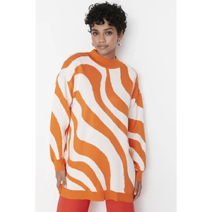 Trendyol Ecru Orange Animal Striped Pattern Half Turtleneck Knitwear Sweater