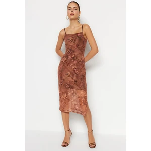 Trendyol Limited Edition Brown Printed Fitted Midi, Flexible Knit Dress