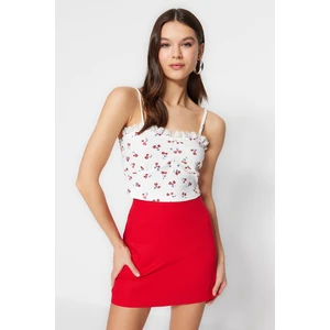 Trendyol White Floral Printed Strap Fitted/Simple Waffle Fabric Super Crop Knitted Blouse