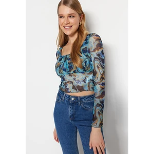 Trendyol Blue Patterned Fitted Crop Tulle Stretch Knitted Blouse