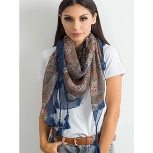 Scarf with fringes and navy blue print
