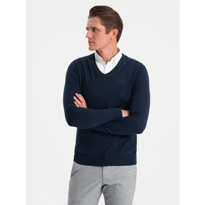 Ombre Men's sweater with a "v-neck" neckline with a shirt collar - navy blue