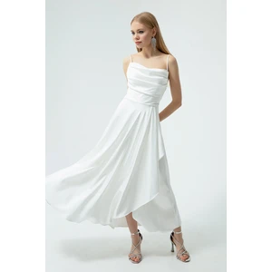 Lafaba Women's White Satin Midi Length Evening Dress & Prom Dress with Ruffles and a Slit.