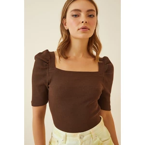 Happiness İstanbul Women's Brown Square Neck Ribbed Crop Blouse