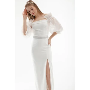 Lafaba Women's White Balloon Sleeve and Stone Belted Long Evening Dress