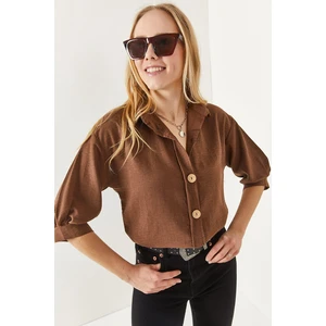 Olalook Women's Bitter Brown Wooden Buttoned Three Quarter Sleeve Linen Shirt