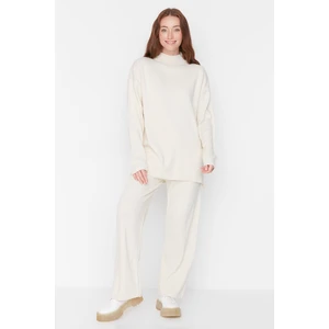 Trendyol Stone Half Turtleneck Slit Detailed Sweater-Pants Knitwear Suit