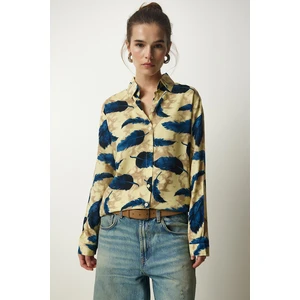 Happiness İstanbul Women's Yellow Navy Blue Patterned Viscose Woven Shirt