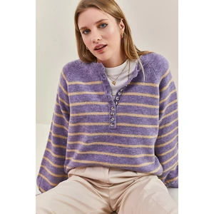 Bianco Lucci Women's Buttoned Collar Turtleneck Striped Knitwear Sweater