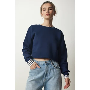 Happiness İstanbul Women's Navy Blue Crew Neck Raised Crop Knitted Sweatshirt