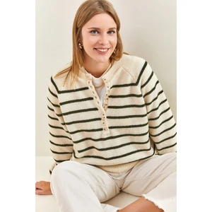 Bianco Lucci Women's Buttoned Collar Turtleneck Striped Knitwear Sweater