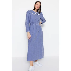 Trendyol Blue Gingham texturovaná tkanina Dětský límec do pasu Gipe Detailní tkané šaty