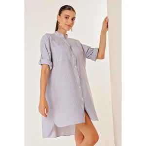 By Saygı Double Pocket Front Short Back Long Stripe Short Sleeve See-through Dress Blue