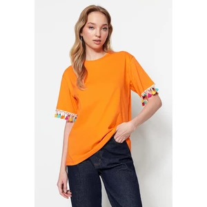 Trendyol Orange 100% Cotton Tassel Detail Boyfriend/Wide Fit Crew Neck Knitted T-Shirt