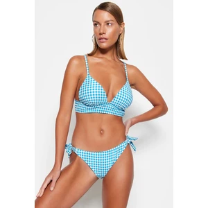 Trendyol Blue Gingham Textured Tie-Up Regular Leg Bikini Bottom