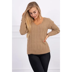 Braided sweater with V-neck camel