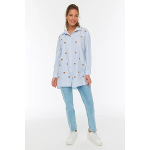 Trendyol Blue Striped Embroidery Detailed Back Long Woven Shirt