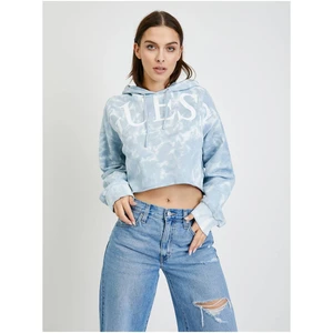 Světle modrá dámská batikovaná crop mikina s kapucí Guess Tie Dye - Dámské