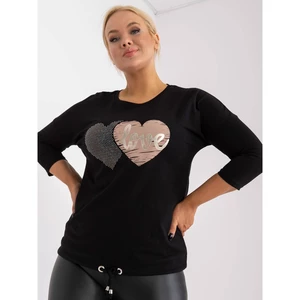 Black plus size blouse with silver appliqué and print