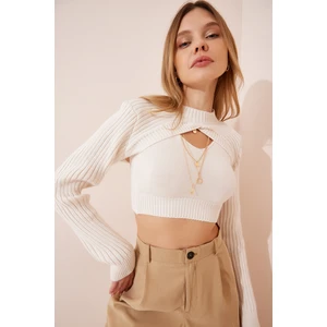 Happiness İstanbul Women's Cream Turtleneck Knitwear Singlets and Crop Set